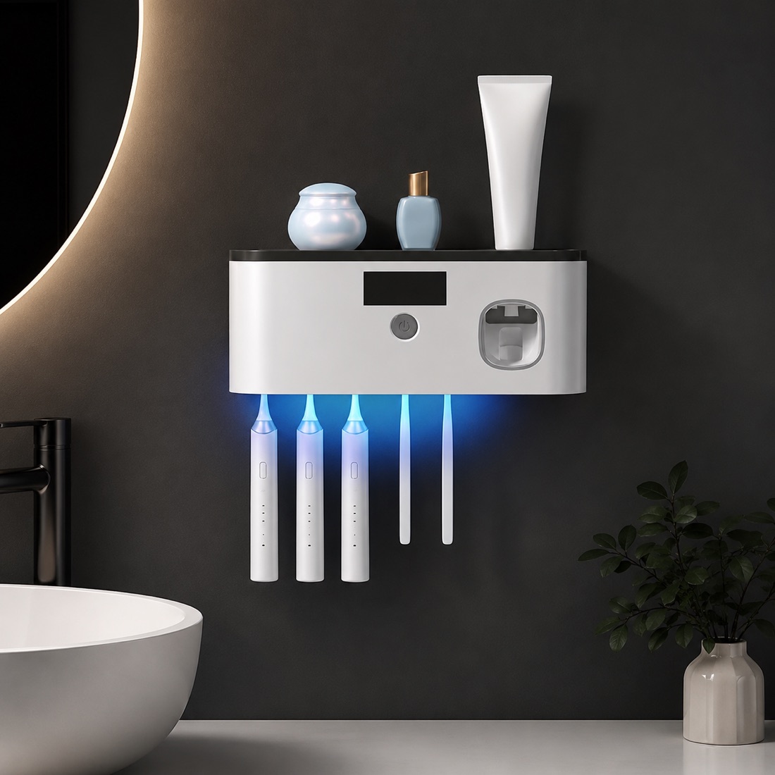 Neat Flow station mounted in a modern bathroom, five brushes glowing under UV-C light beside the sink